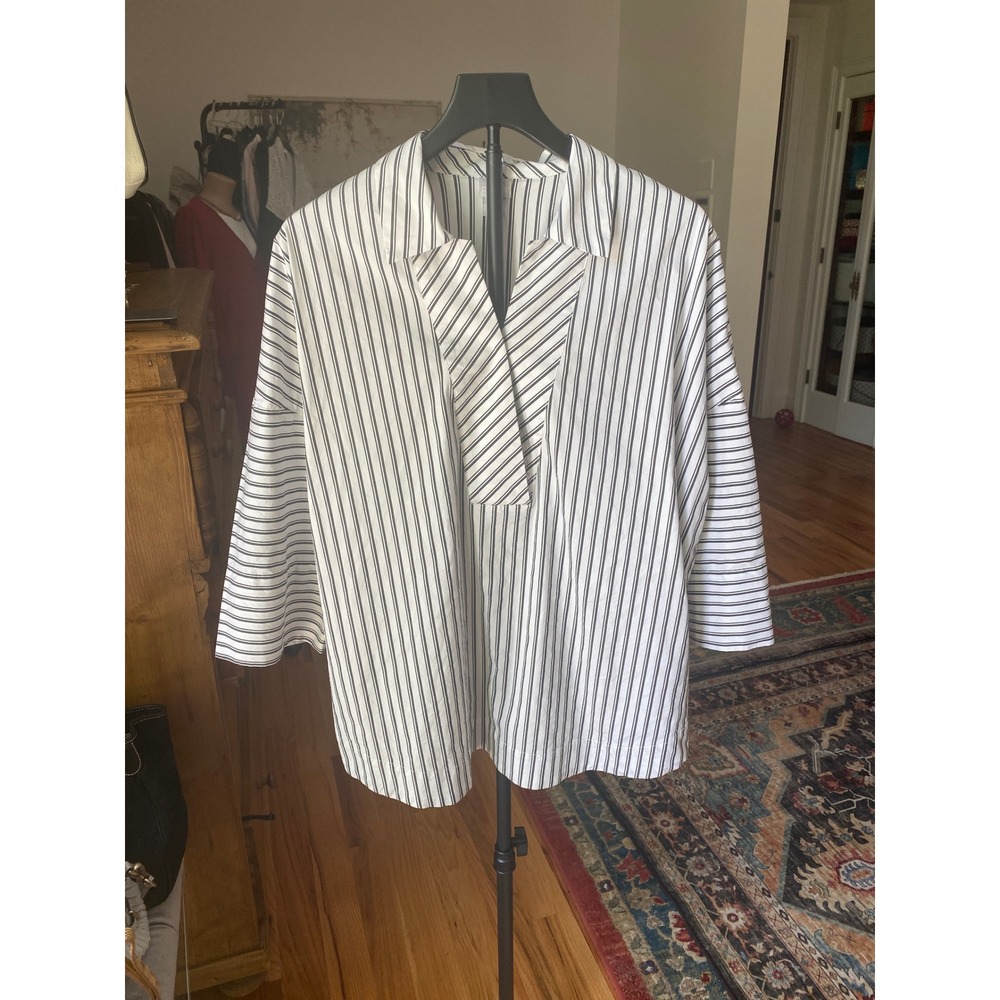 Chicos Striped Poplin V-Neck Blouse White Black 3/4 Sleeve Size 3 US 16/18